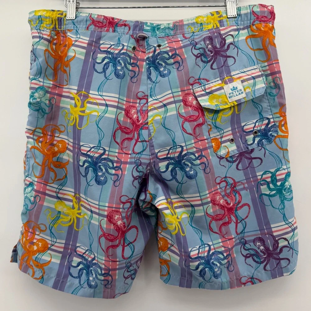 Peter Millar Swim Trunks Mens Small Blue Plaid Octopus Print Mesh Lined Shorts‎